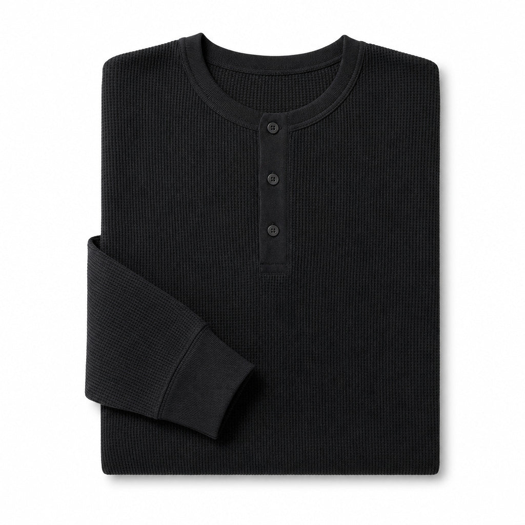 Long Sleeve Henley Waffle Knit Cotton Black – Product Photo