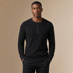 Long Sleeve Henley Waffle Knit Cotton in Black – Tarlano Premium Menswear
