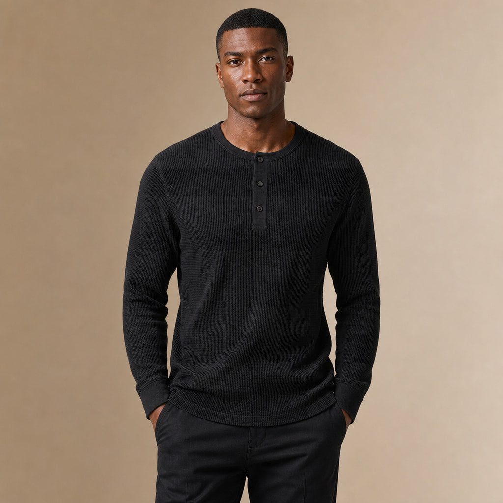 Long Sleeve Henley Waffle Knit Cotton in Black – Tarlano Premium Menswear