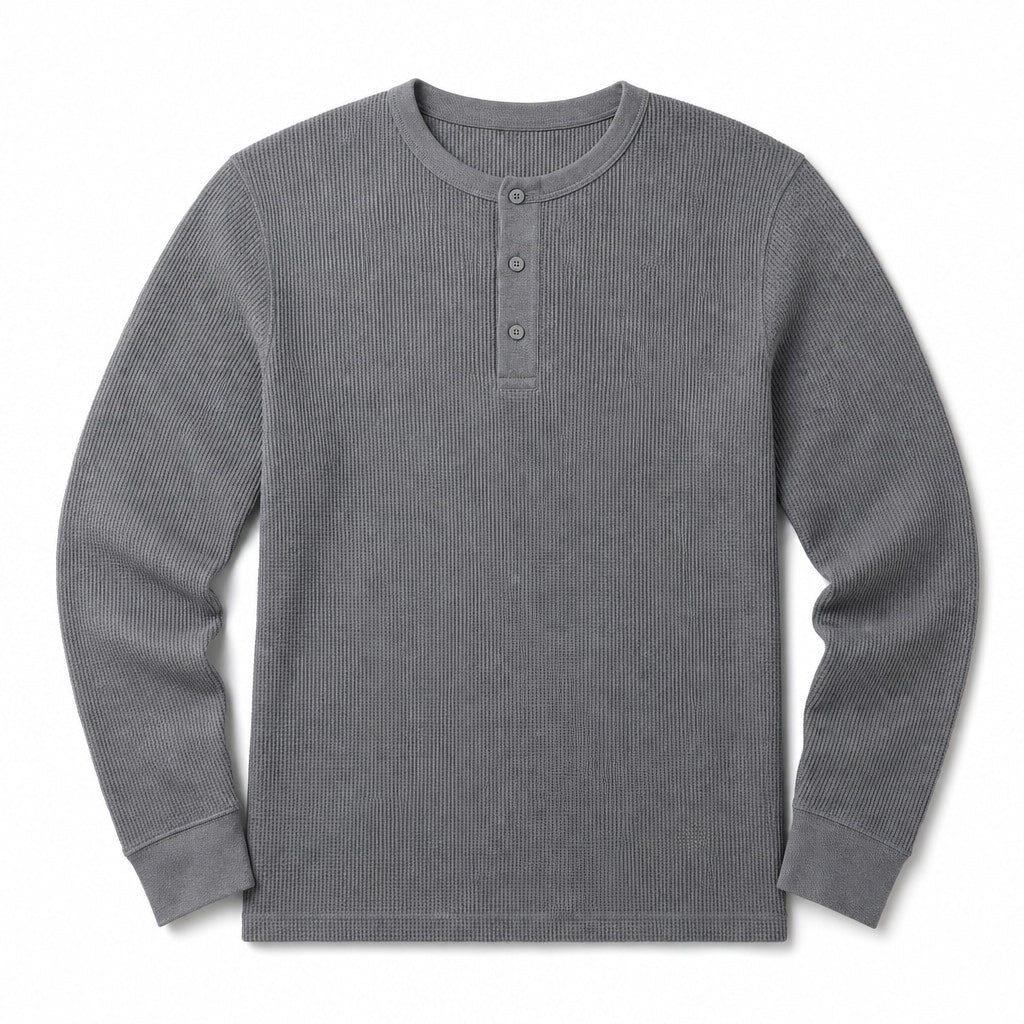 Long Sleeve Henley Waffle Knit Cotton Gray – Product Photo
