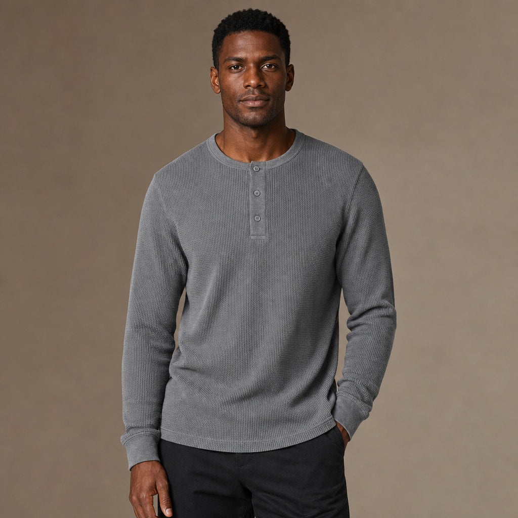 Long Sleeve Henley Waffle Knit Cotton in Gray – Tarlano Premium Menswear