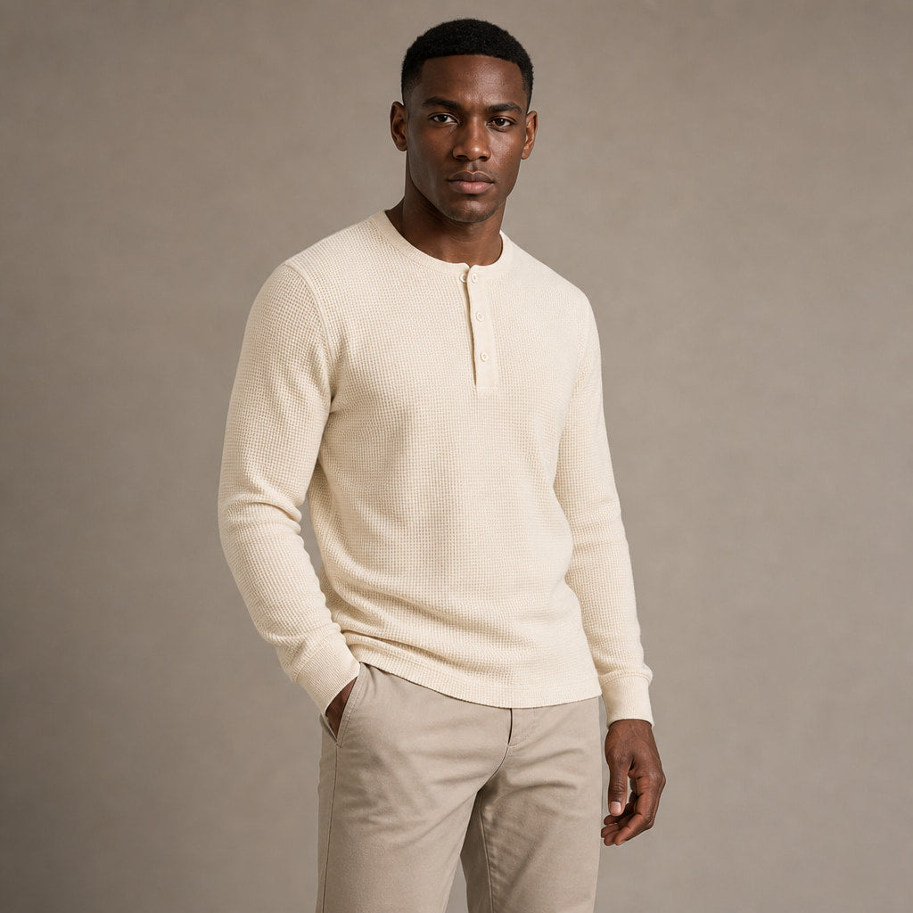 Long Sleeve Henley Waffle Knit Cotton Ivory – Side Angle View