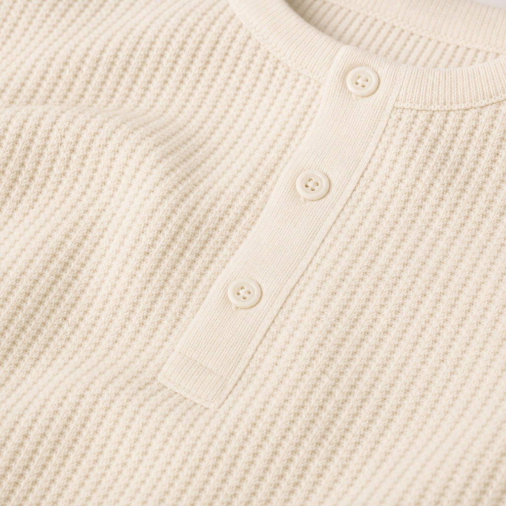 Long Sleeve Henley Waffle Knit Cotton Ivory – Fabric and Detail Close-Up