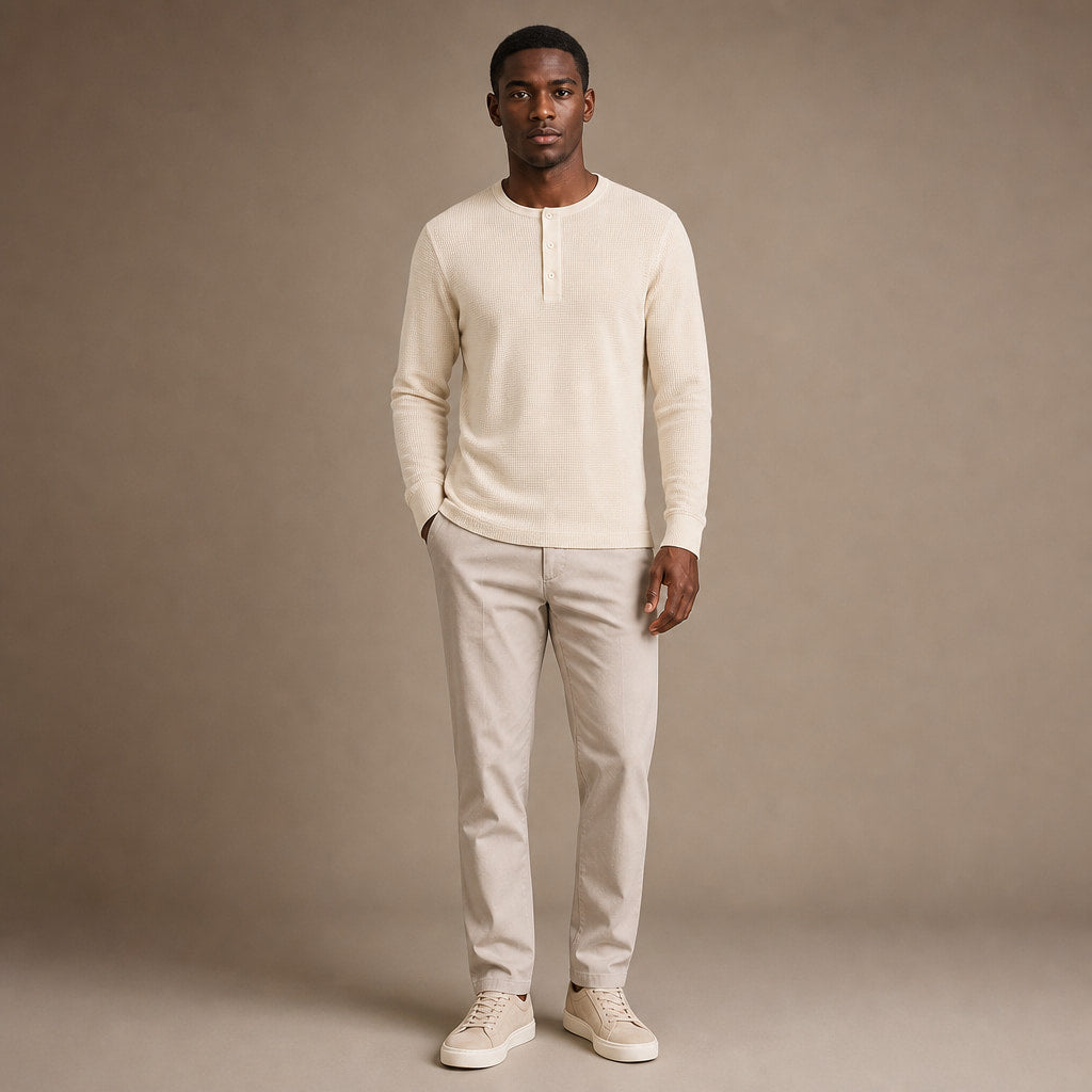 Long Sleeve Henley Waffle Knit Cotton Ivory – Full Look