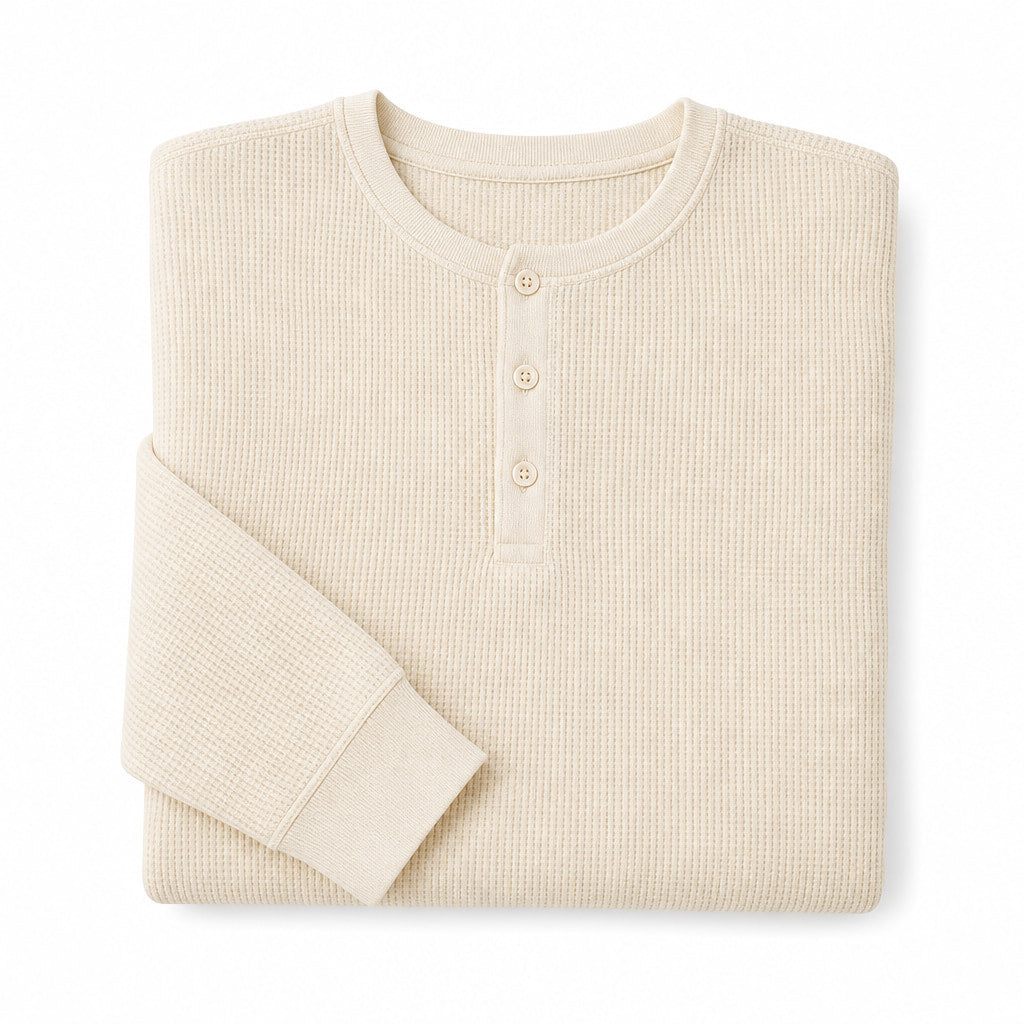 Long Sleeve Henley Waffle Knit Cotton Ivory – Product Photo