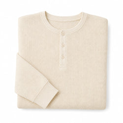 Long Sleeve Henley Waffle Knit Cotton Ivory – Product Photo