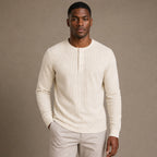 Long Sleeve Henley Waffle Knit Cotton in Ivory – Tarlano Premium Menswear