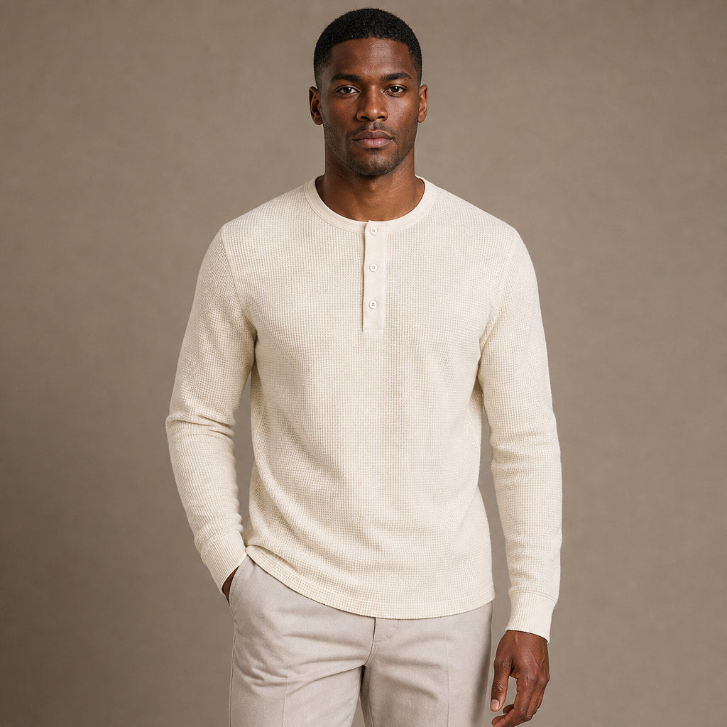 Long Sleeve Henley Waffle Knit Cotton in Ivory – Tarlano Premium Menswear