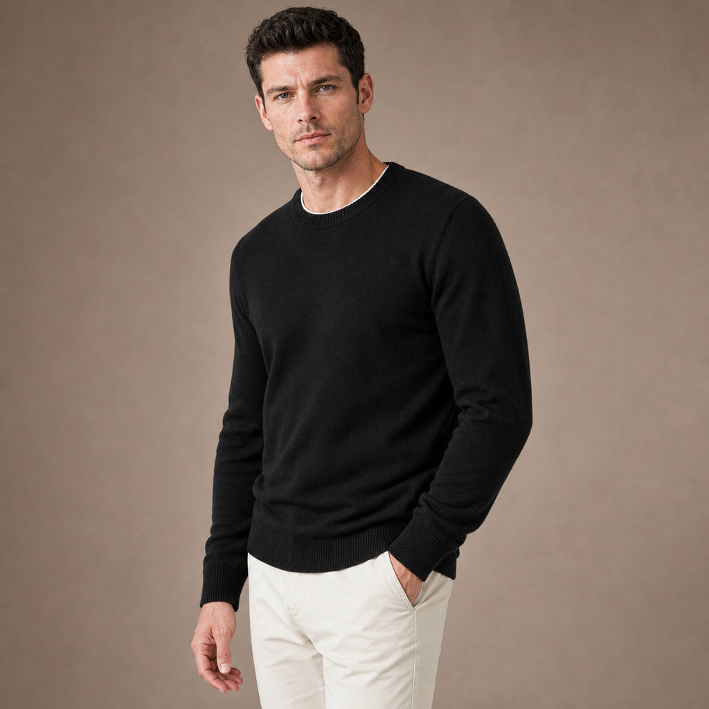 Crew Neck Sweater Lightweight Knit Black – Side Angle View