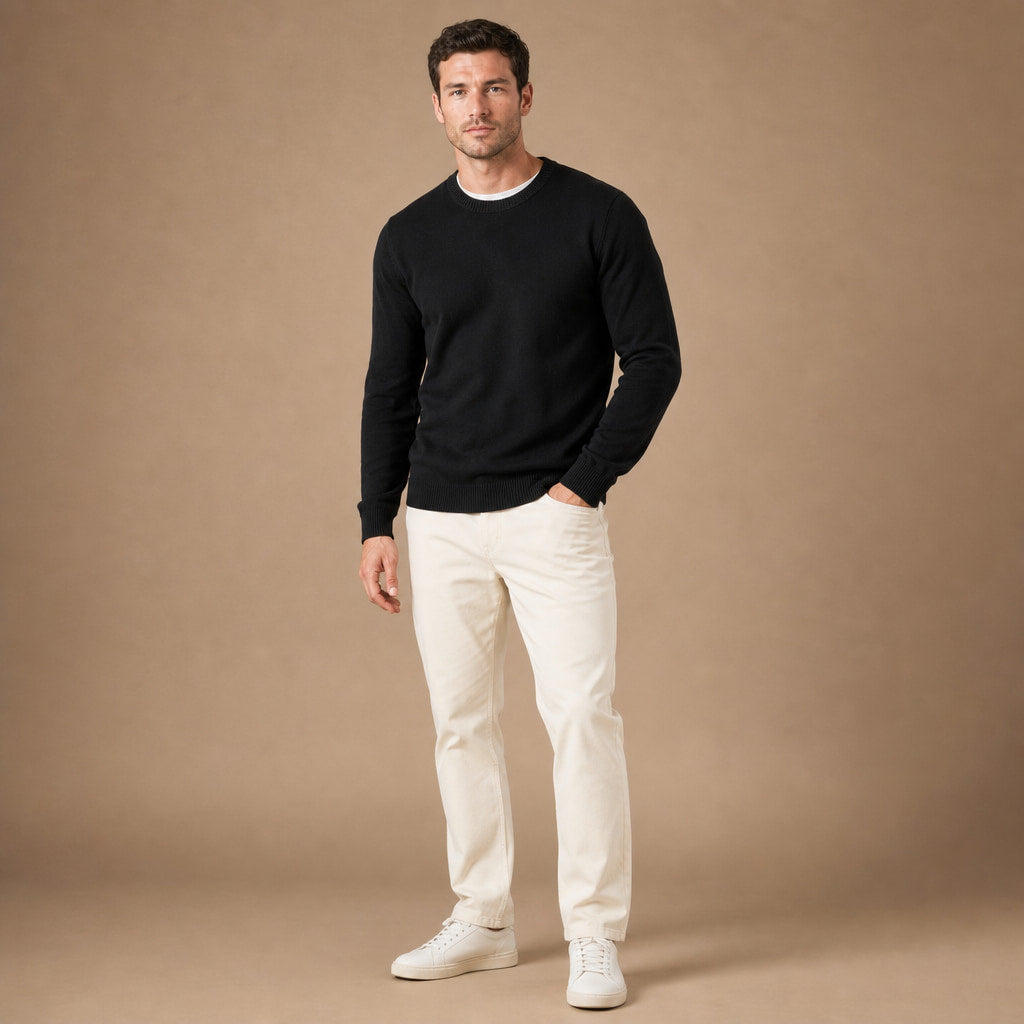 Crew Neck Sweater Lightweight Knit Black – Full Look