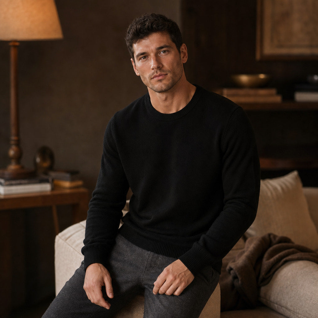 Crew Neck Sweater Lightweight Knit Black – Styled Editorial Shot
