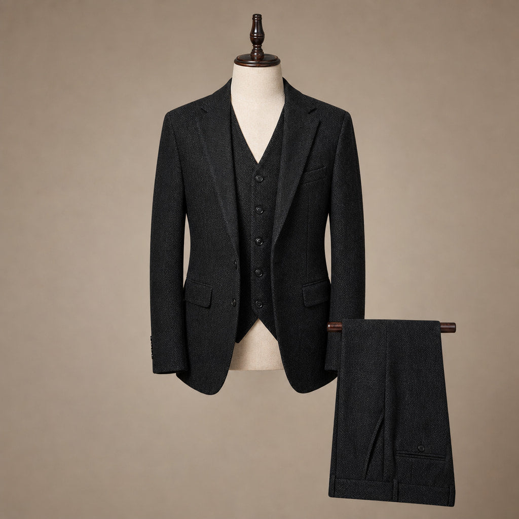 Herringbone Waistcoat Adjustable Back Strap Black – Product Photo