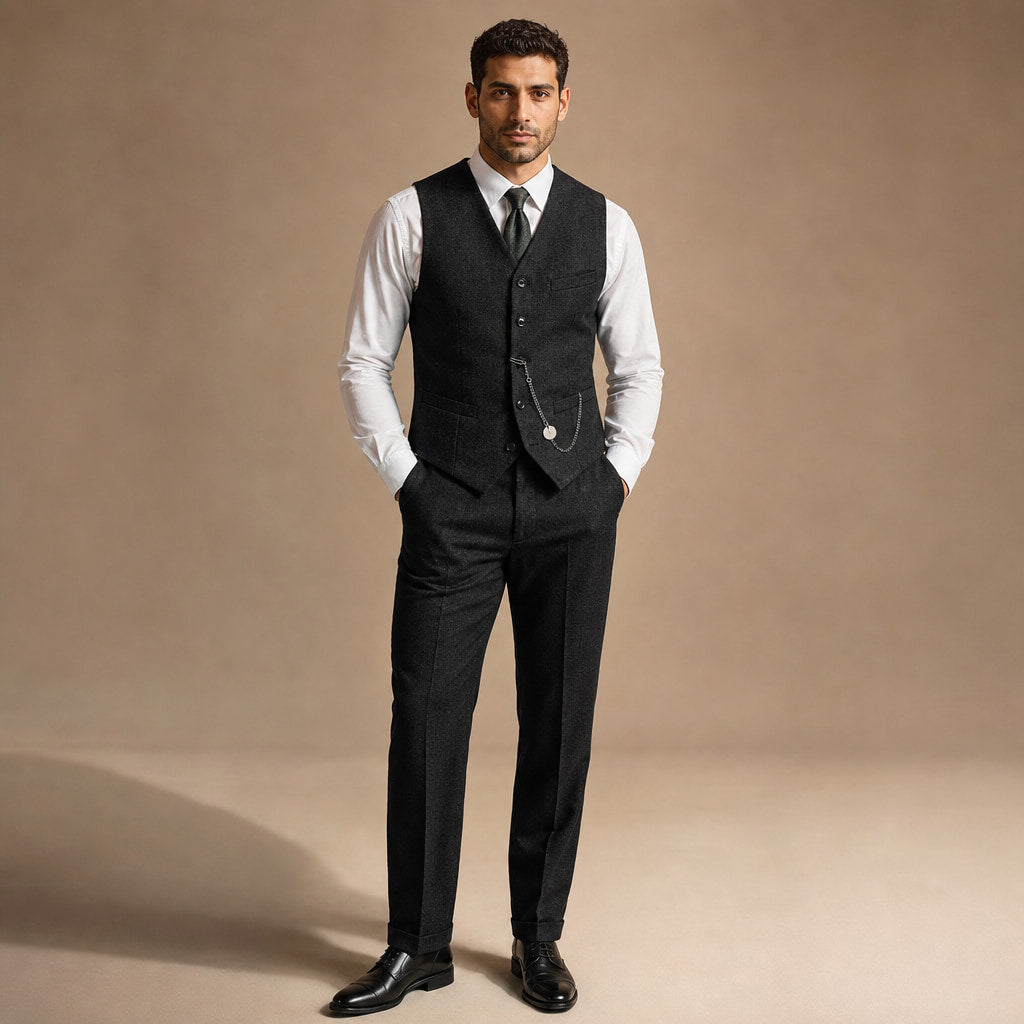 Herringbone Waistcoat Adjustable Back Strap in Black – Tarlano Premium Menswear