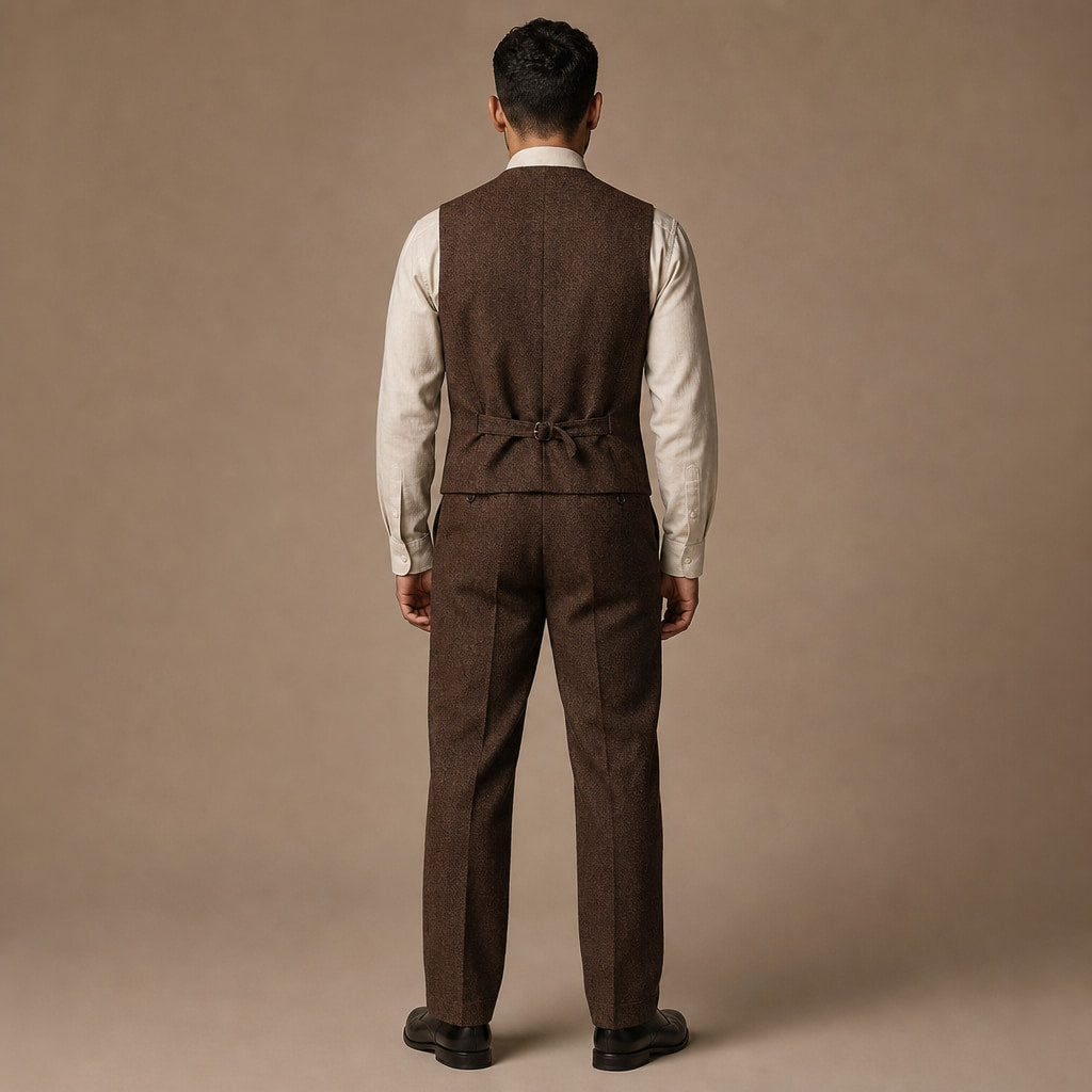Herringbone Waistcoat Adjustable Back Strap Brown – Side Angle View