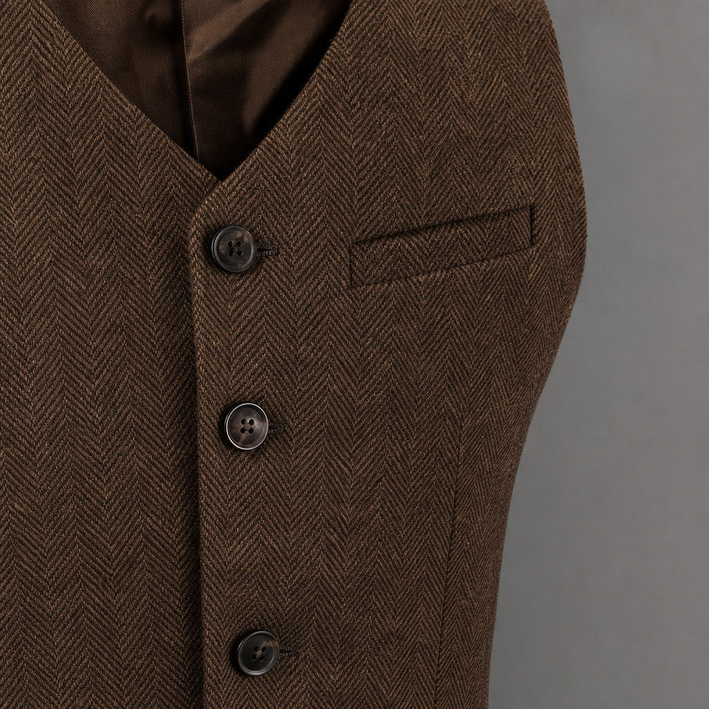 Herringbone Waistcoat Adjustable Back Strap Brown – Fabric and Detail Close-Up