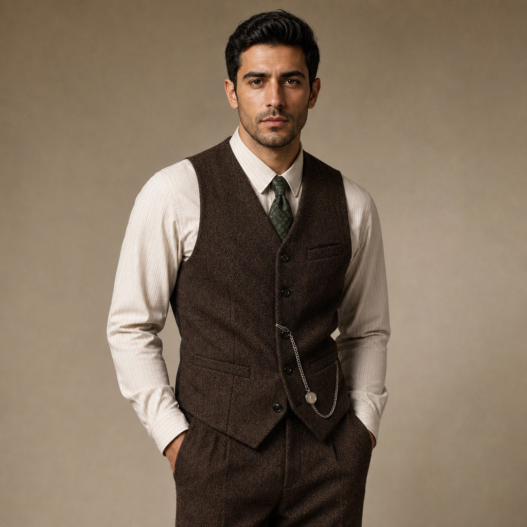 Herringbone Waistcoat Adjustable Back Strap Brown – Full Look