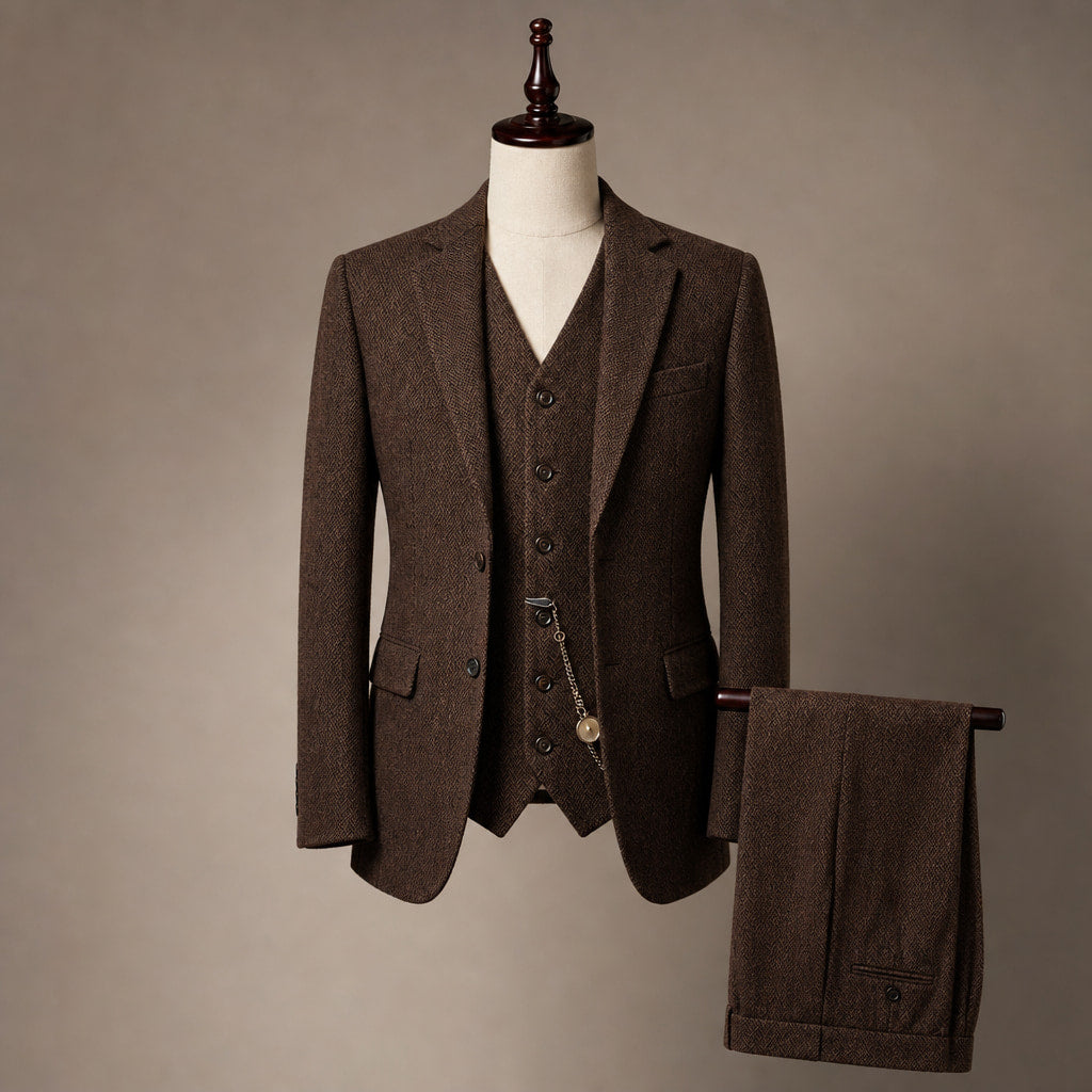 Herringbone Waistcoat Adjustable Back Strap Brown – Product Photo