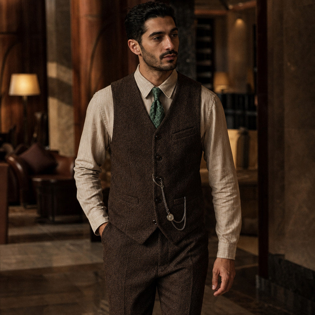 Herringbone Waistcoat Adjustable Back Strap Brown – Styled Editorial Shot