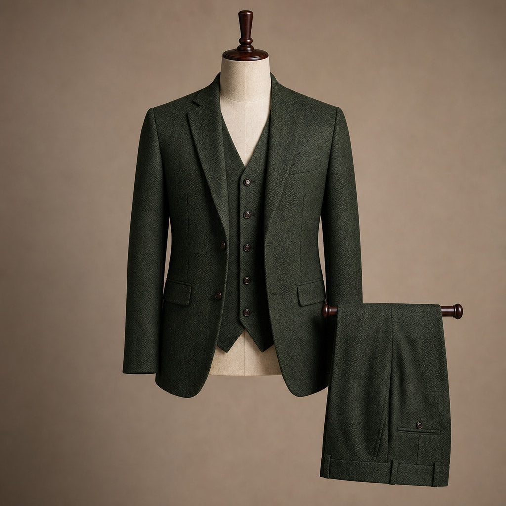 Herringbone Waistcoat Adjustable Back Strap Dark Green – Product Photo