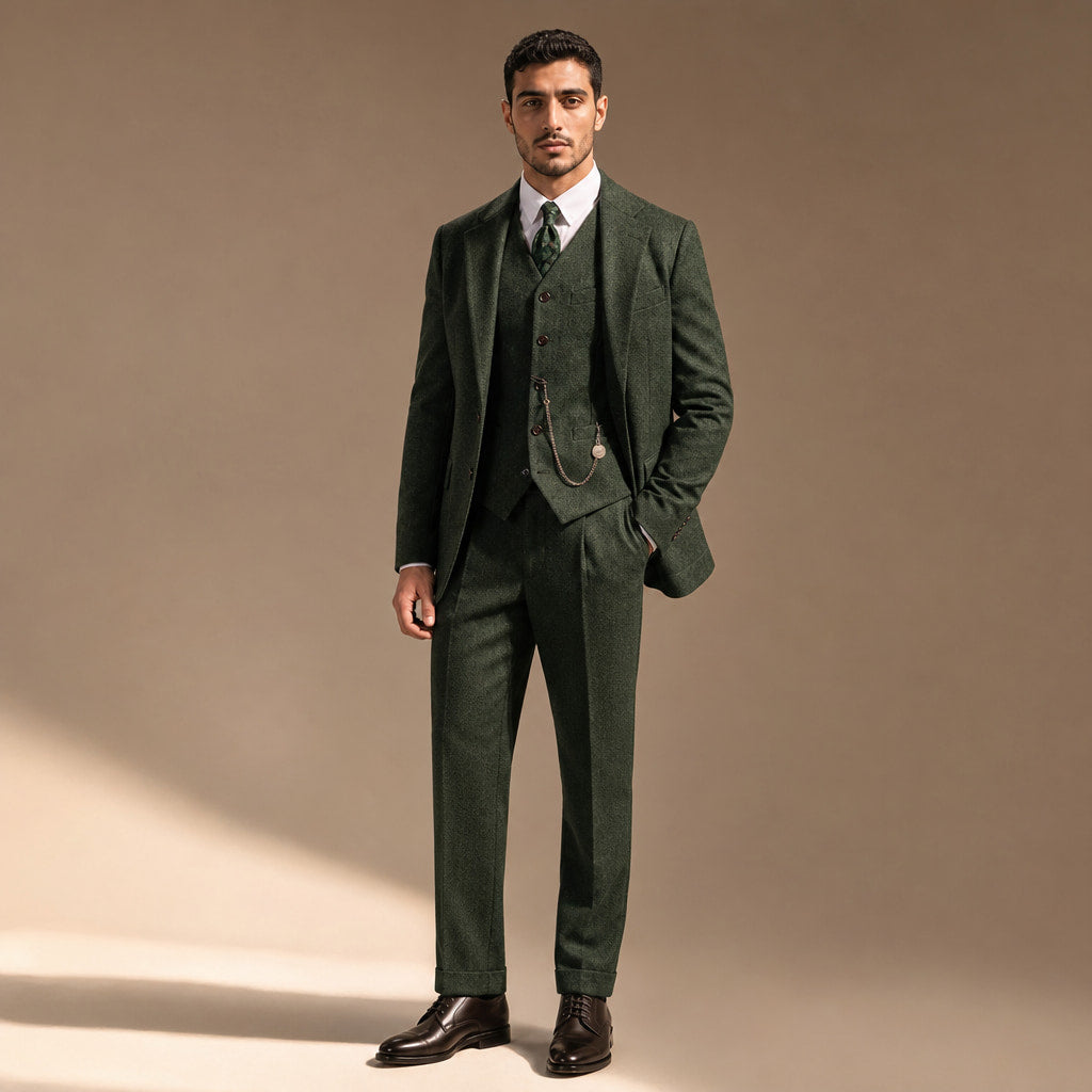 Herringbone Waistcoat Adjustable Back Strap in Dark Green – Tarlano Premium Menswear