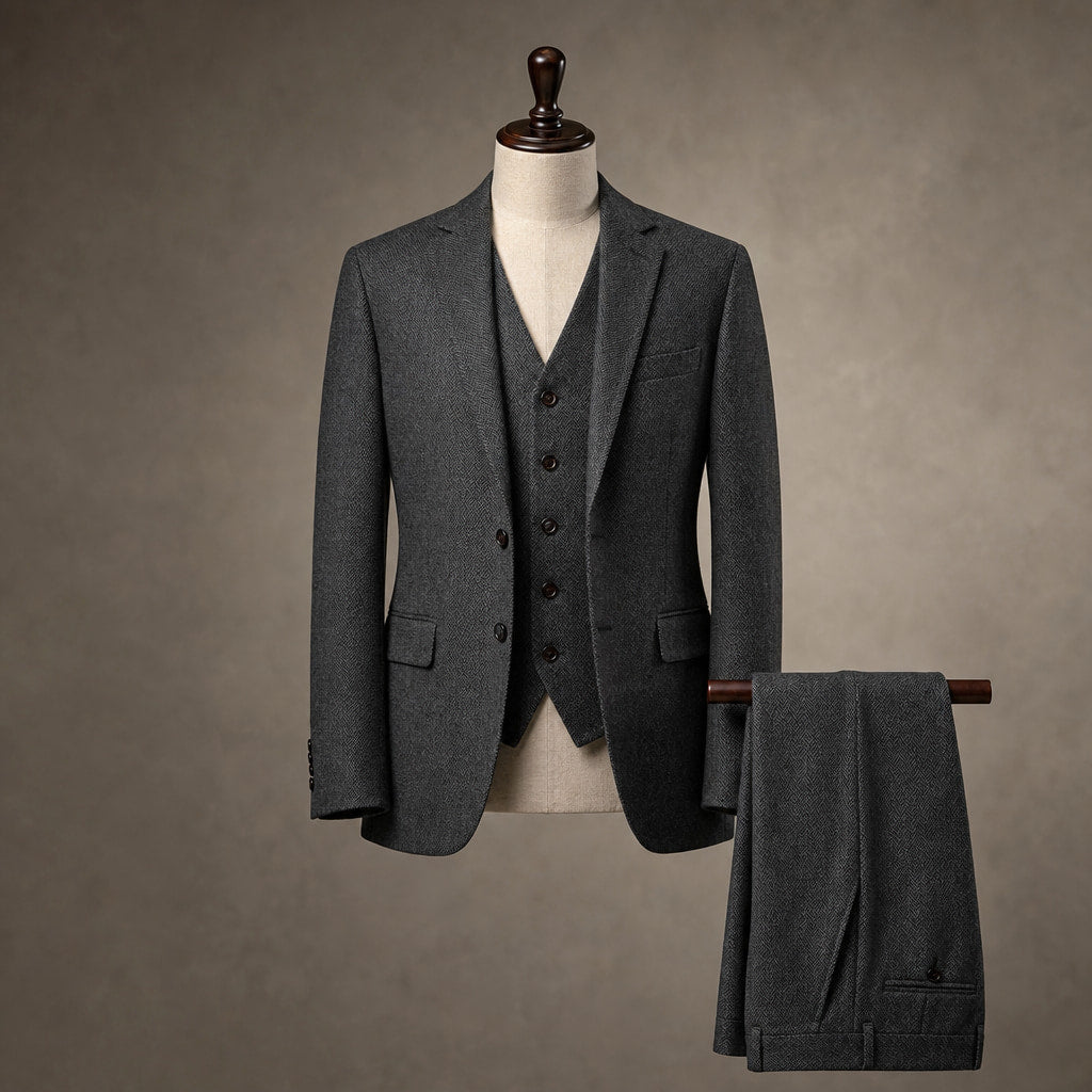 Herringbone Waistcoat Adjustable Back Strap Dark Grey – Product Photo