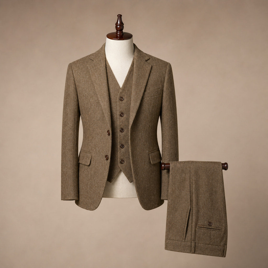 Herringbone Waistcoat Adjustable Back Strap Khaki – Product Photo