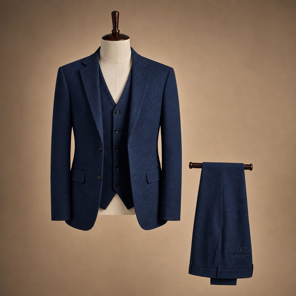Herringbone Waistcoat Adjustable Back Strap Navy – Product Photo