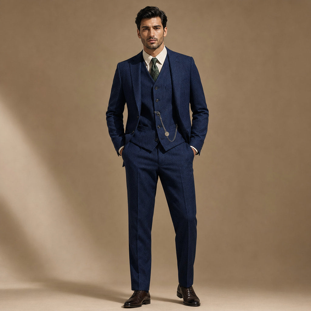 Herringbone Waistcoat Adjustable Back Strap in Navy – Tarlano Premium Menswear