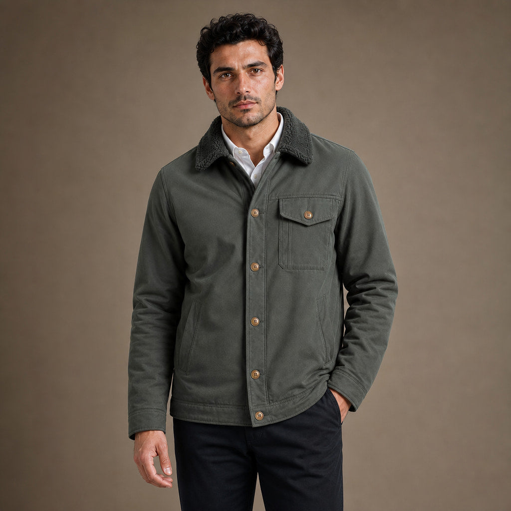 Fleece Jacket Faux Fur Collar Windproof in Green – Tarlano Premium Menswear