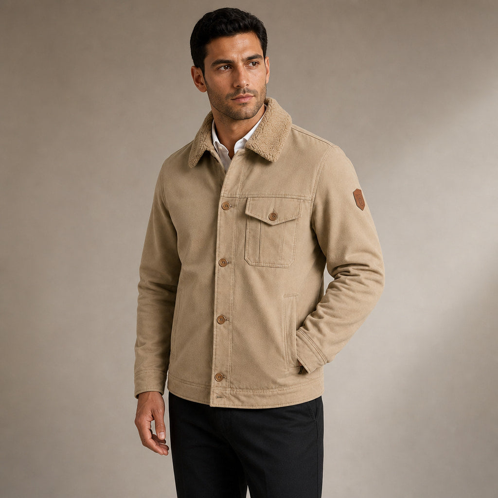 Fleece Jacket Faux Fur Collar Windproof Khaki – Side Angle View