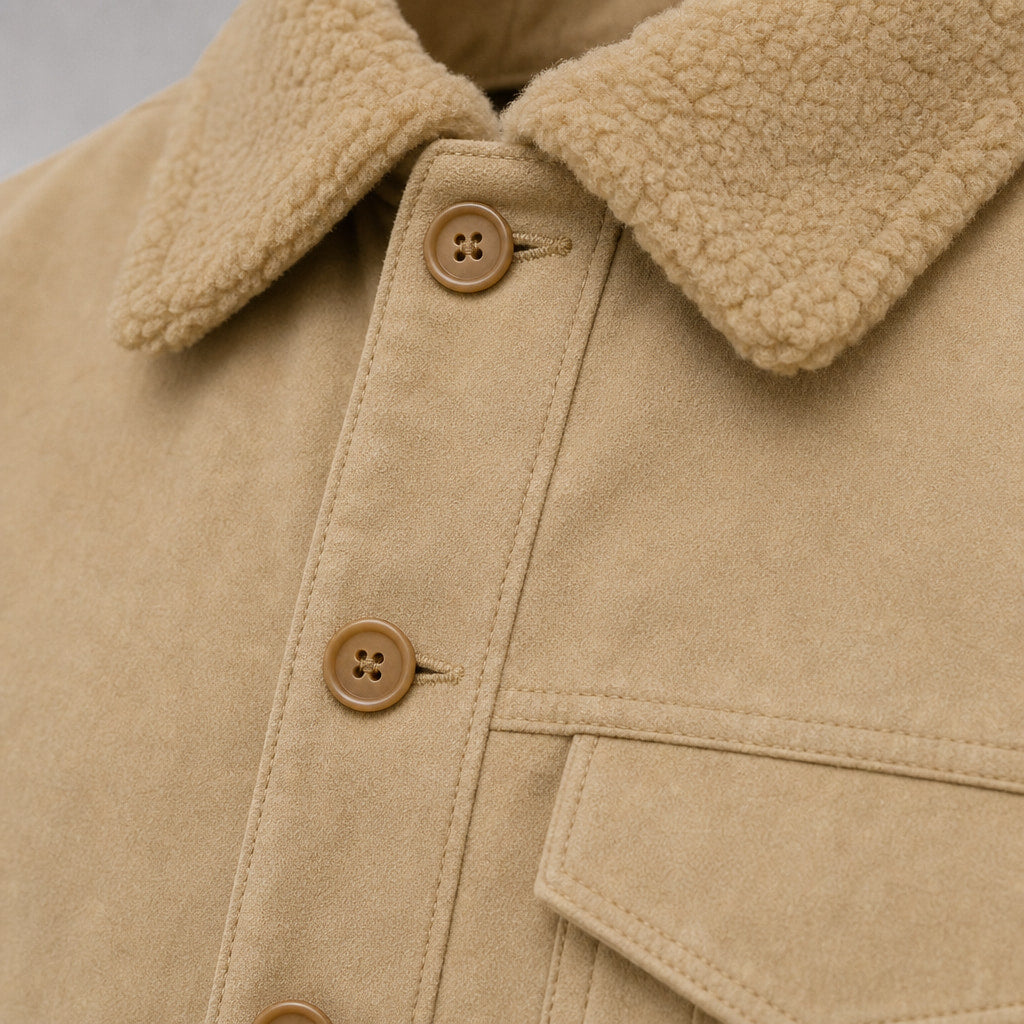 Fleece Jacket Faux Fur Collar Windproof Khaki – Fabric and Detail Close-Up