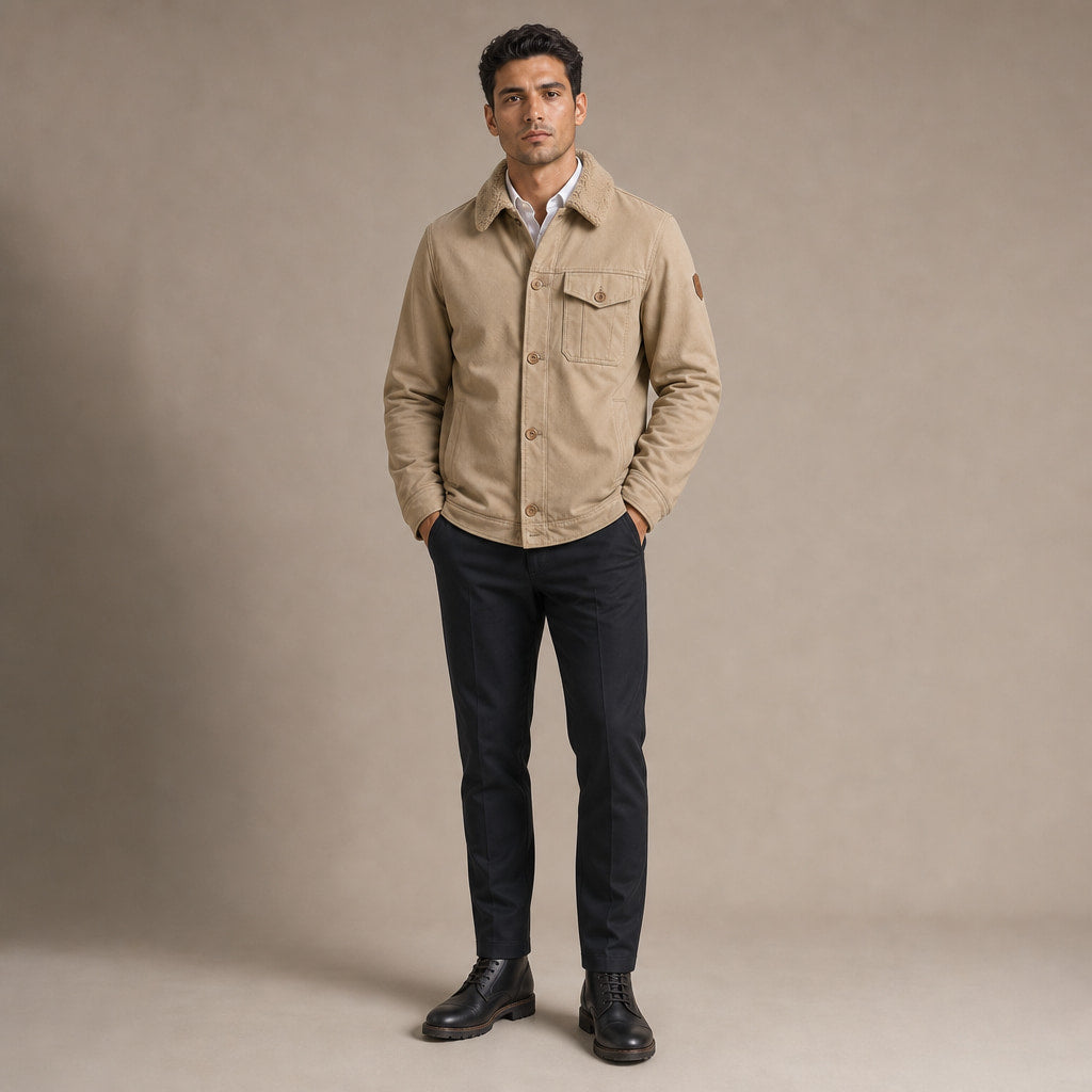 Fleece Jacket Faux Fur Collar Windproof Khaki – Full Look