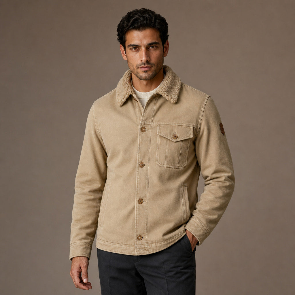 Fleece Jacket Faux Fur Collar Windproof in Khaki – Tarlano Premium Menswear