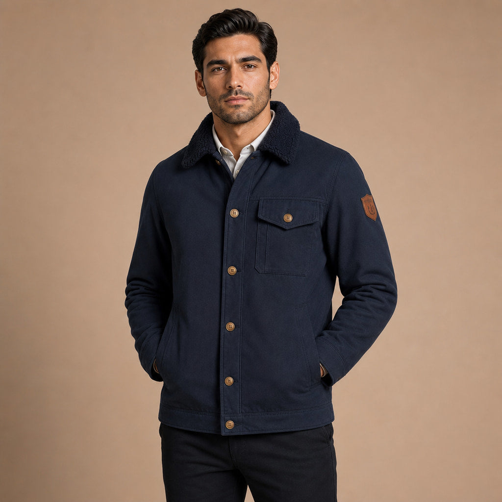 Fleece Jacket Faux Fur Collar Windproof Navy – Product Photo