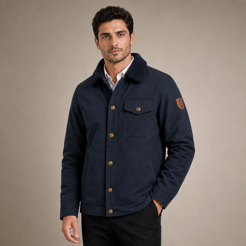 Fleece Jacket Faux Fur Collar Windproof in Navy – Tarlano Premium Menswear