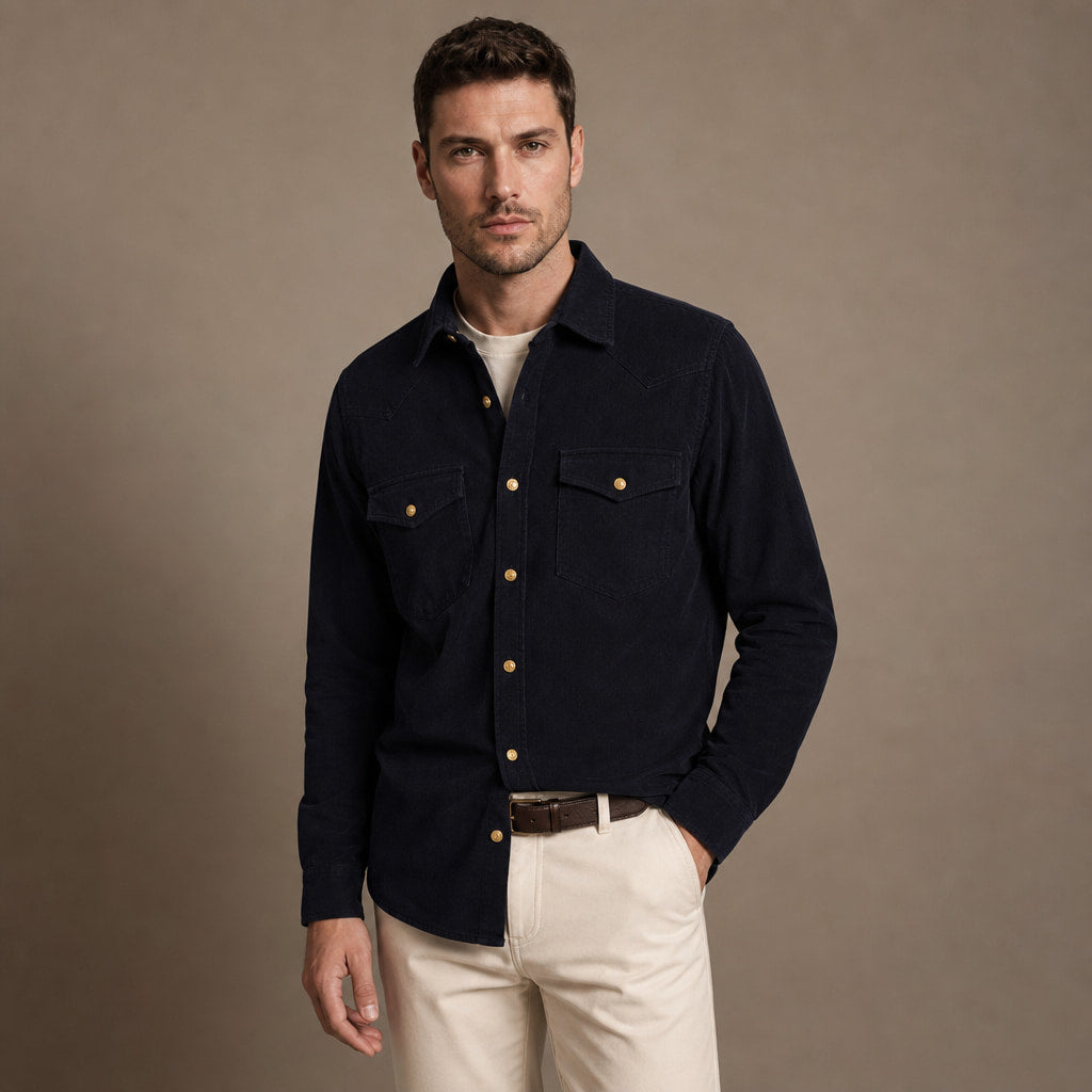 Camerota Corduroy Western Shirt Deep Navy – Side Angle View