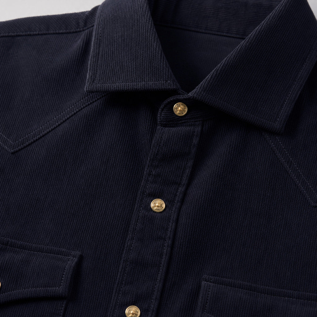 Camerota Corduroy Western Shirt Deep Navy – Fabric and Detail Close-Up
