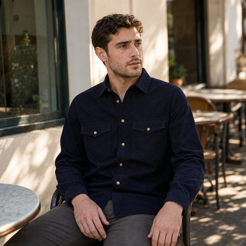 Camerota Corduroy Western Shirt Deep Navy – Styled Editorial Shot