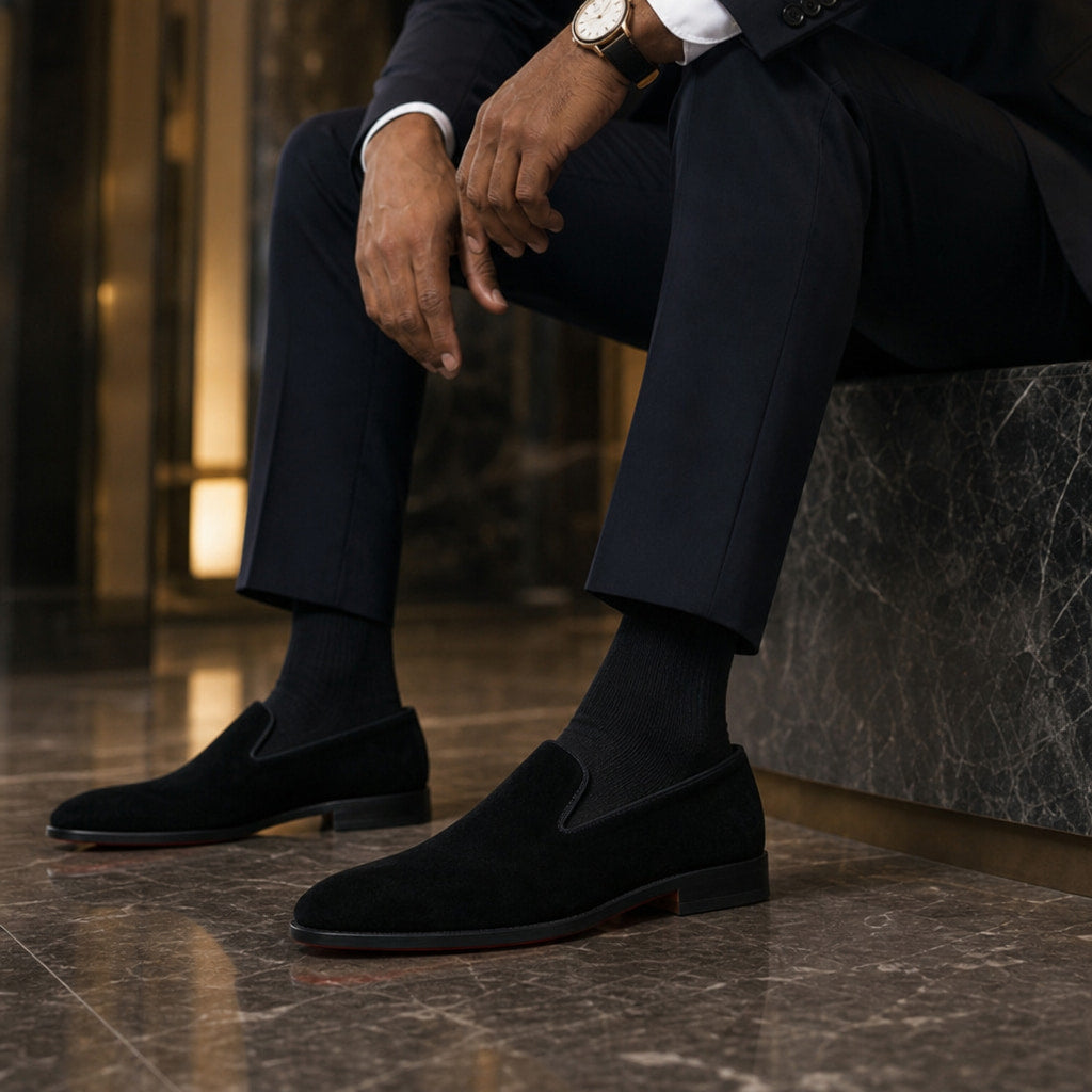 Suede Loafers Slip On Black – Side Angle View