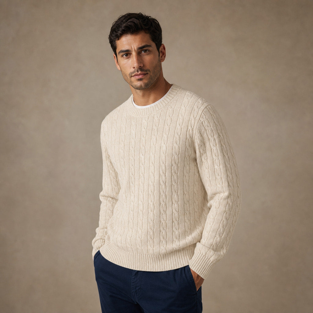 Camogli Cable Knit Crewneck Champagne – Side Angle View