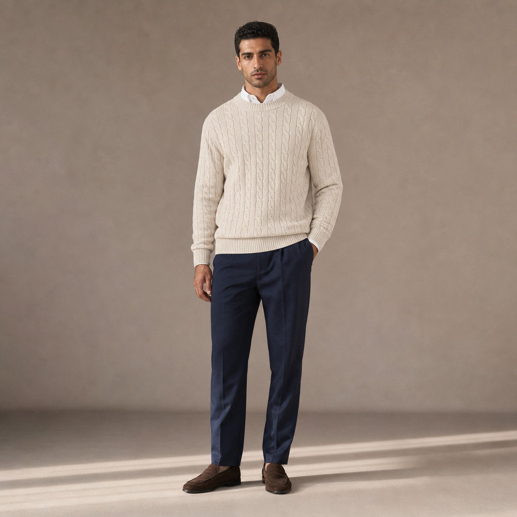 Camogli Cable Knit Crewneck Champagne – Full Look