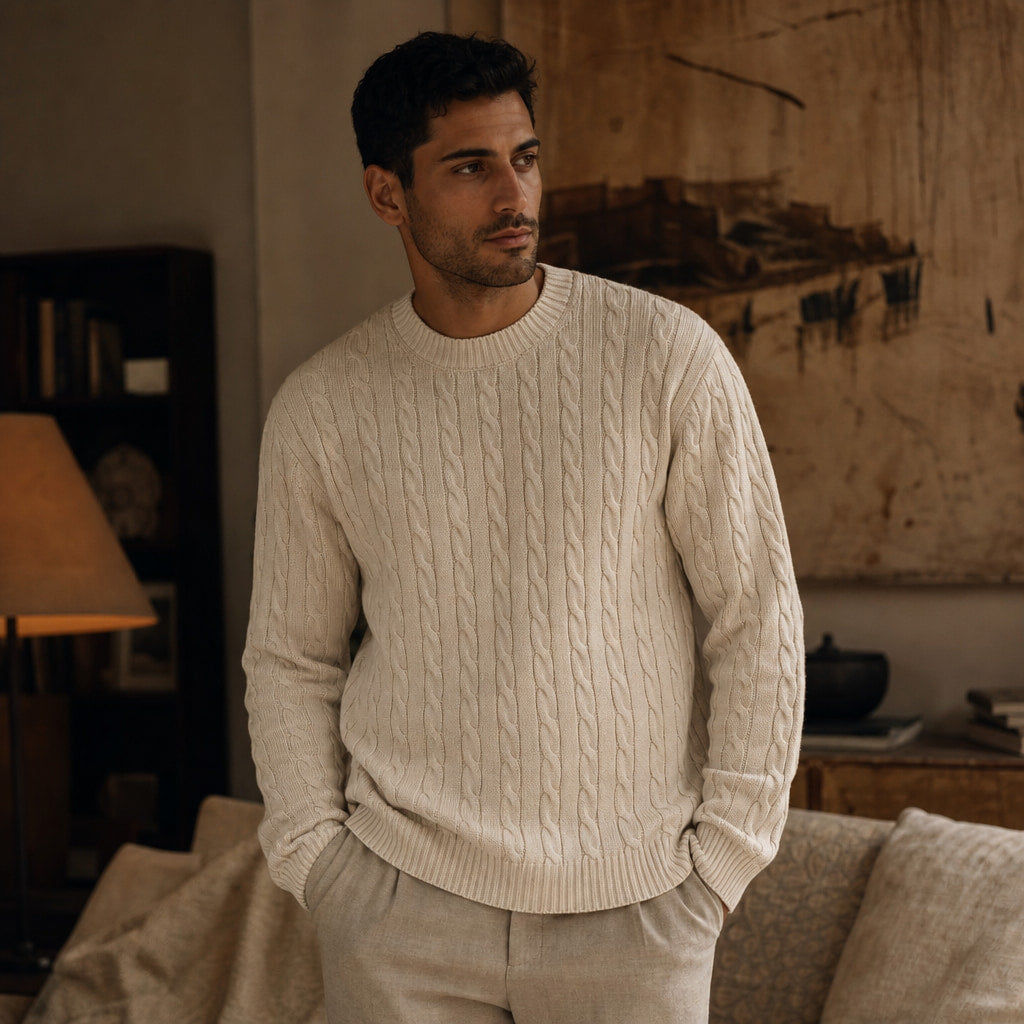 Camogli Cable Knit Crewneck Champagne – Styled Editorial Shot