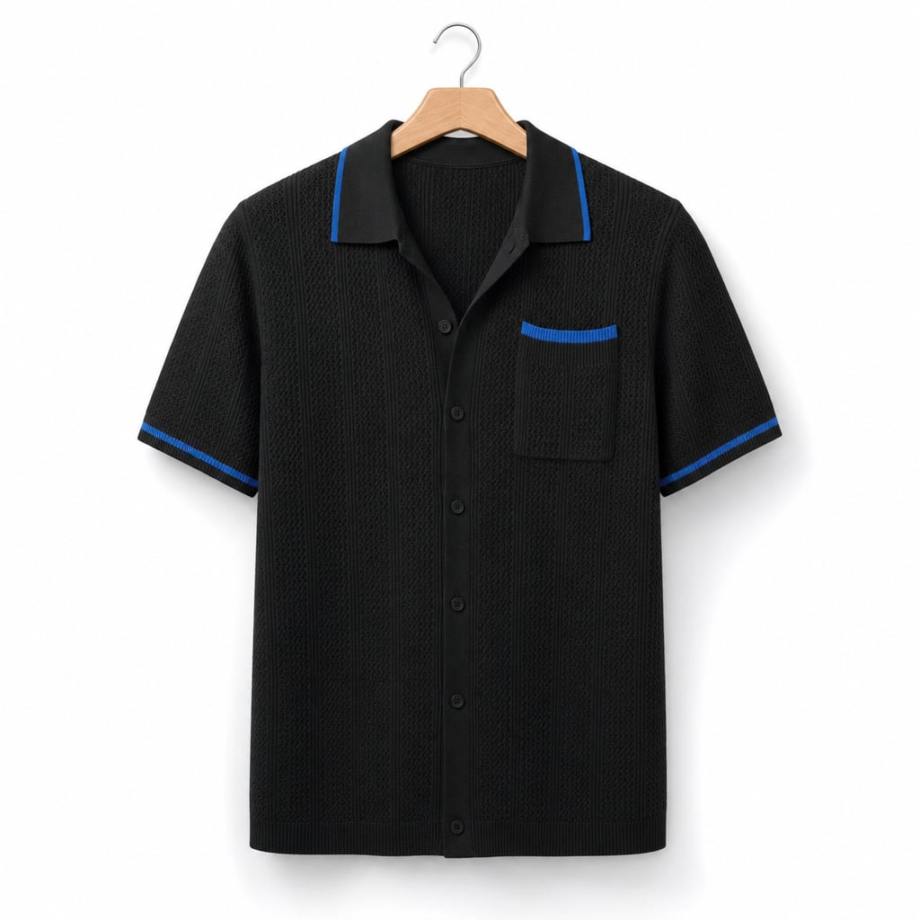 Camp Collar Shirt Men Openwork Panel Short Sleeve Button-Front Black – Product Photo