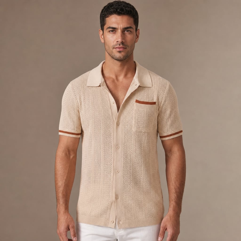 Camp Collar Shirt Men Openwork Panel Short Sleeve Button-Front in Khaki – Tarlano Premium Menswear