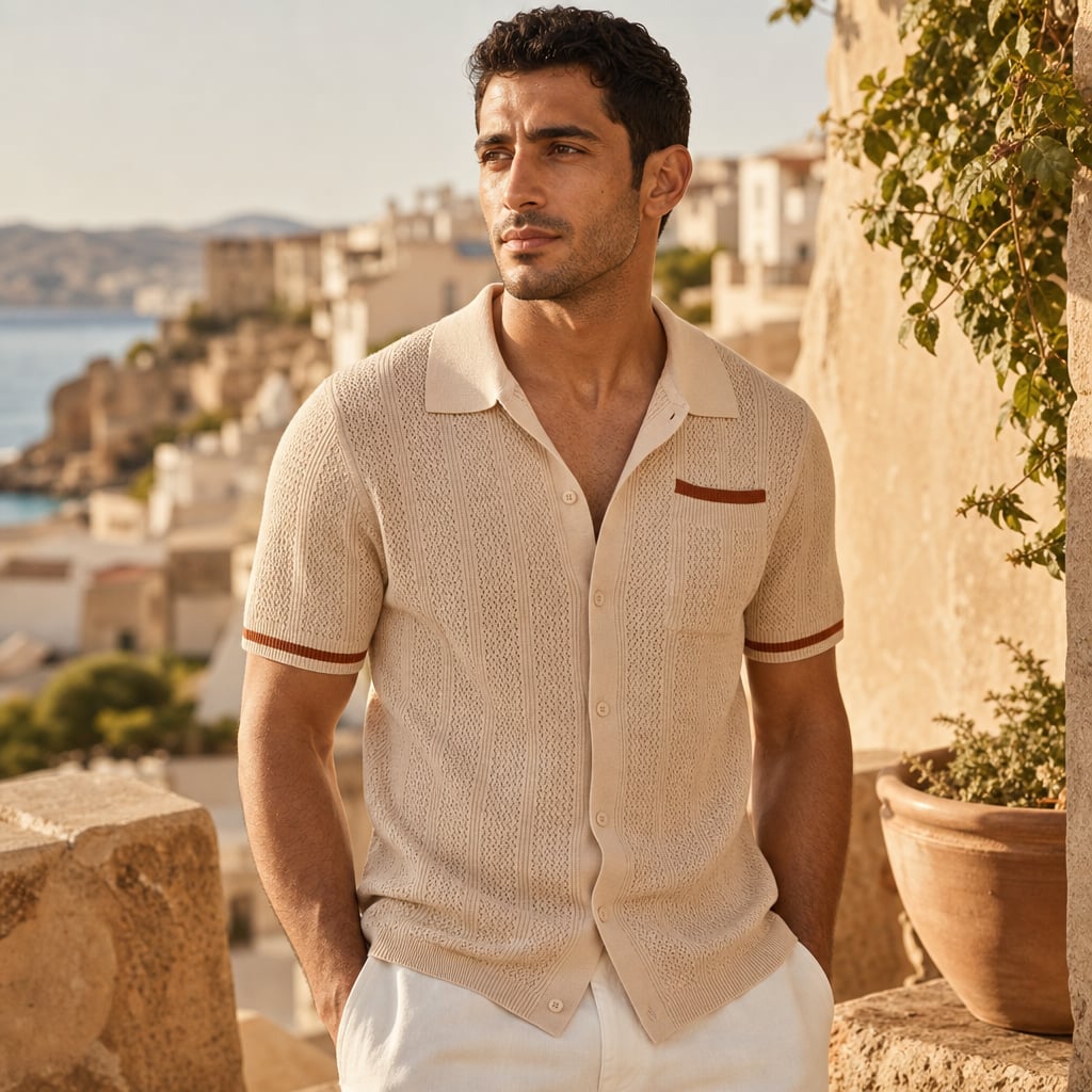 Camp Collar Shirt Men Openwork Panel Short Sleeve Button-Front Khaki – Styled Editorial Shot
