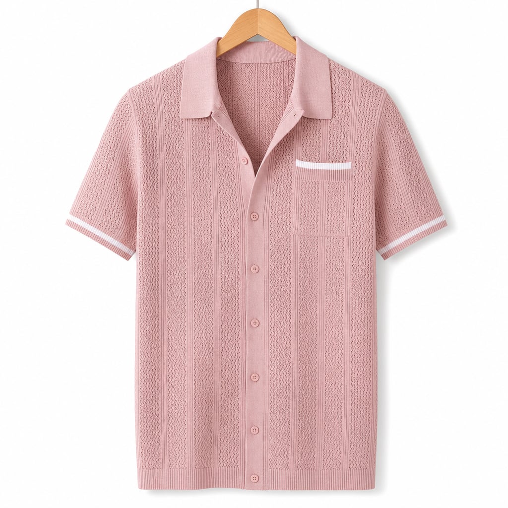 Camp Collar Shirt Men Openwork Panel Short Sleeve Button-Front Pink – Product Photo
