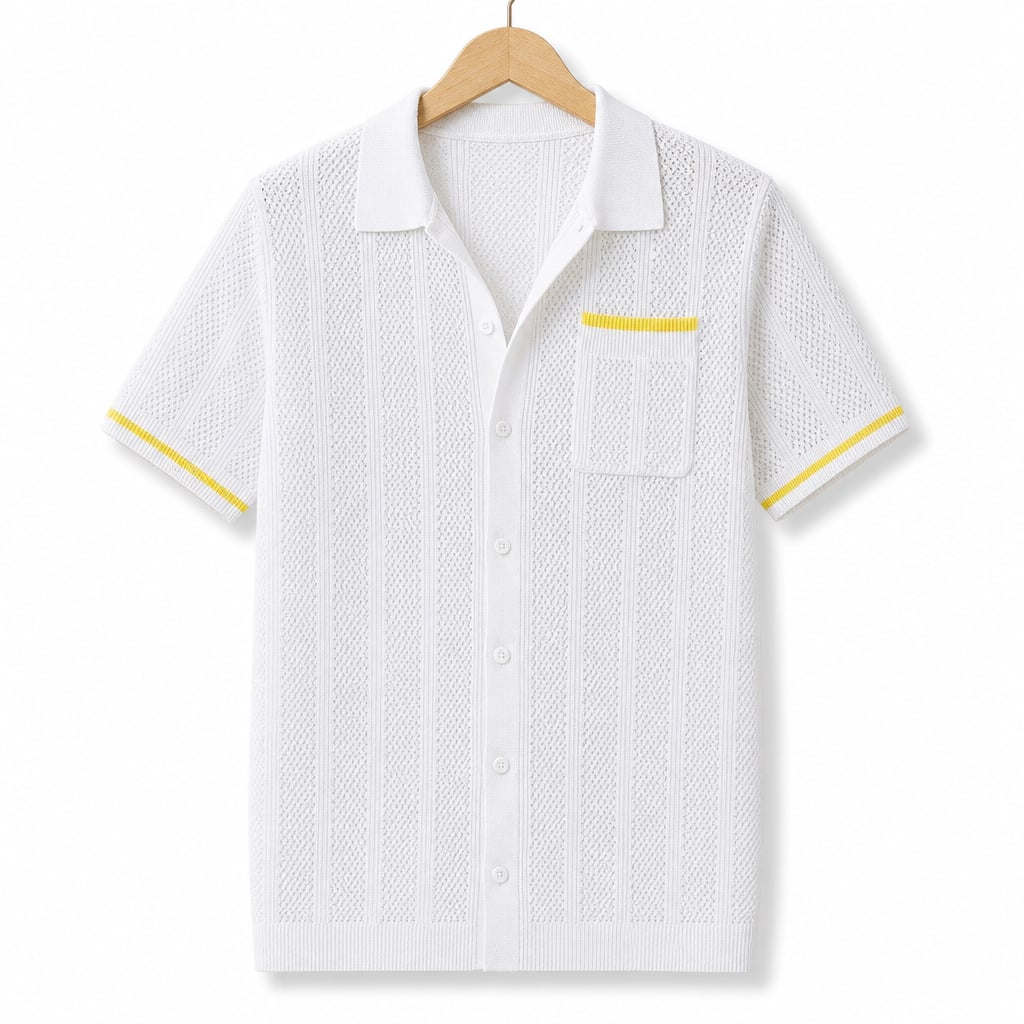 Camp Collar Shirt Men Openwork Panel Short Sleeve Button-Front White – Product Photo
