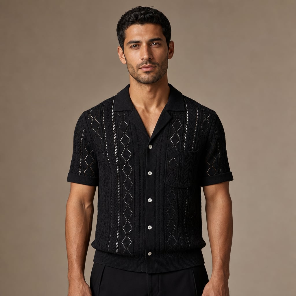 Camp Collar Shirt Men Textured Short Sleeve Relaxed Fit in Black – Tarlano Premium Menswear