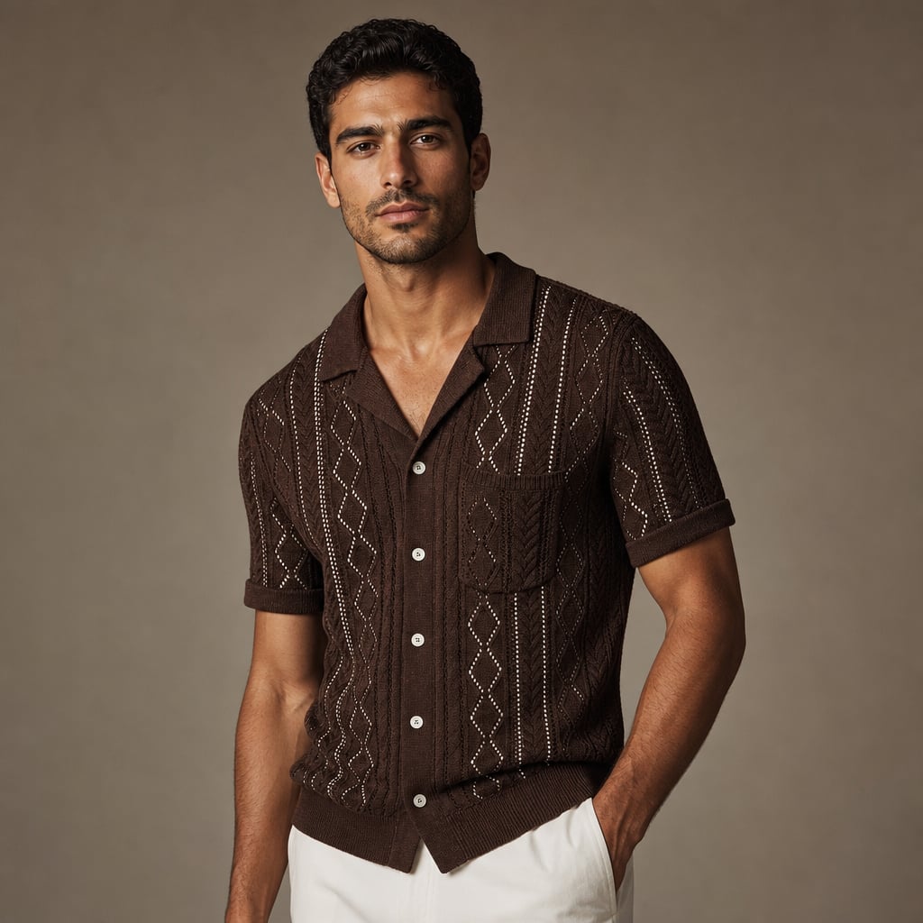 Camp Collar Shirt Men Textured Short Sleeve Relaxed Fit Brown – Side Angle View