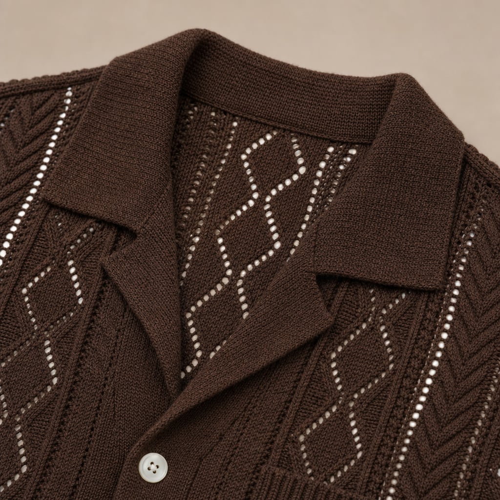 Camp Collar Shirt Men Textured Short Sleeve Relaxed Fit Brown – Fabric and Detail Close-Up